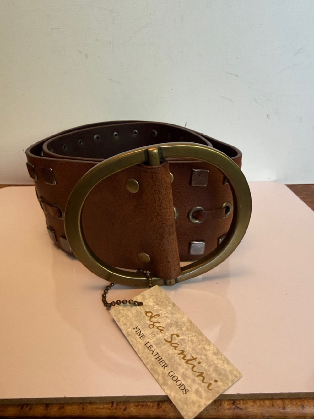 Olga Santini Brown Leather Studded Belt with Brass Ring Buckle - Picture 7 of 9